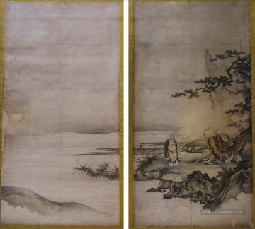 peinture sur l’éveil Zen Sanping Baring sa poitrine et Shigong étirement son arc attribué à Kano Motonobu Japanese. JPG Peinture à l'huile
